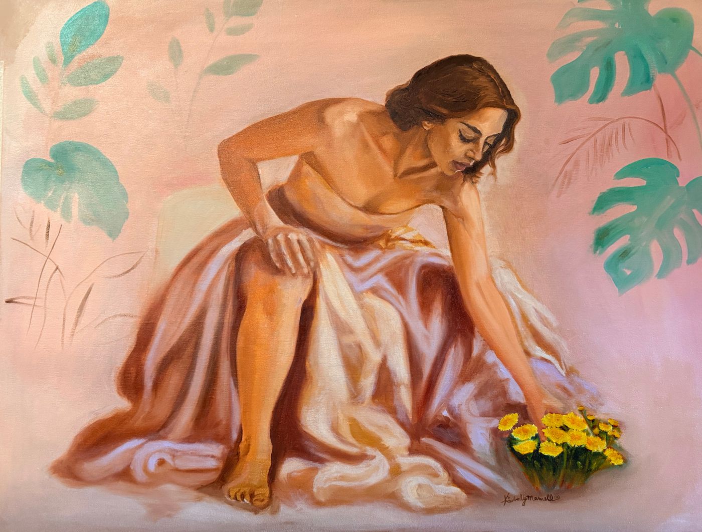 Communion with the Earth: a woman draped in rose fabric kneels toward a cluster of yellow flowers, monstera leaves around her.